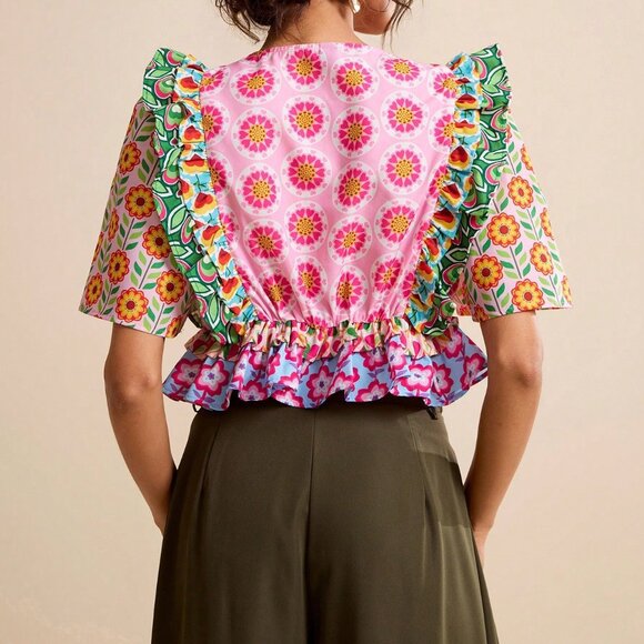 Multicolor Boho Women's Floral Patchwork Cropped Blouse with Ruffle Hem - Picture 2 of 6